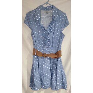 BAILEY BLUE Dress Womens XL Sexy V Neck Ruffle Front Button Dwn Blue White Polka